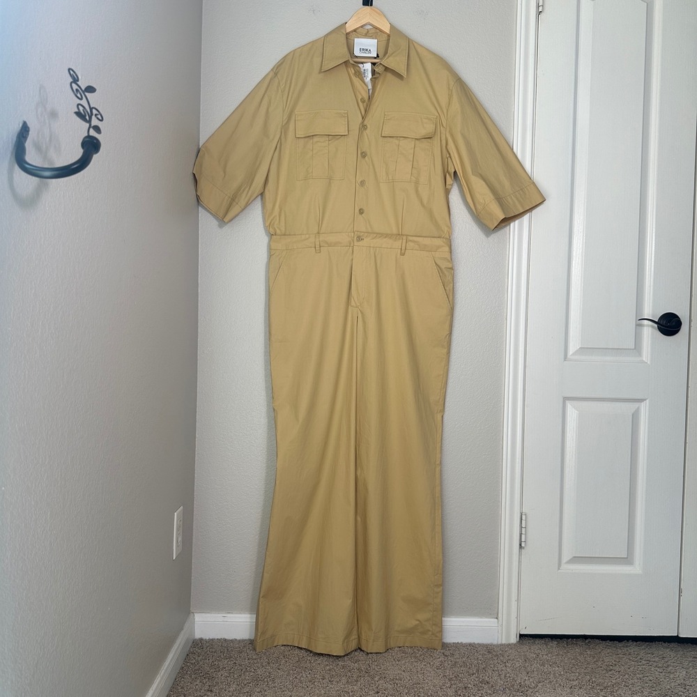Erika Cavallini Tan Boiler Suit Jumpsuit XXL 48 Italian‎ Luxury Utility Safari
